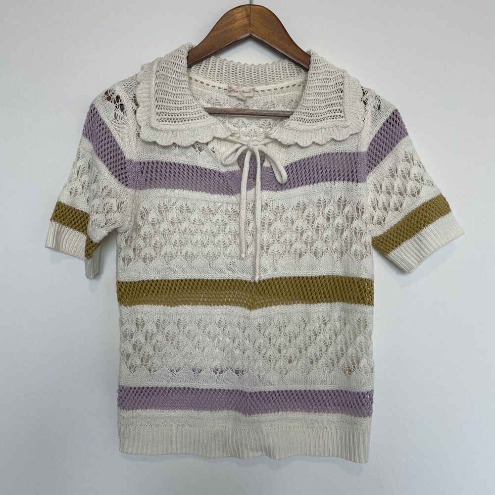 Hem & Thread Sweater Womens Small Striped Knit Crochet Bow Pullover Top